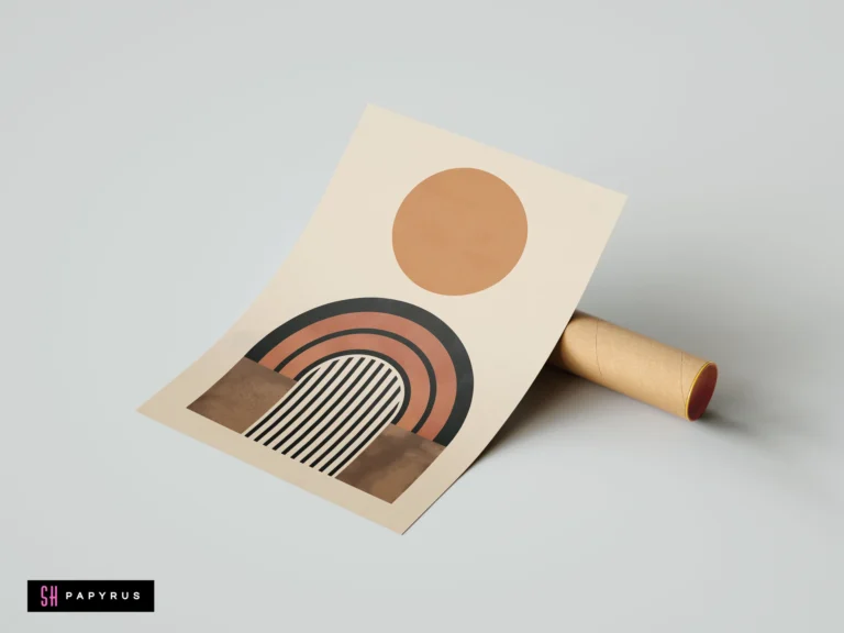 Abstract mid-century modern boho wall art featuring a terracotta sun and rainbow arches in earth tones, resting against a cardboard shipping tube.