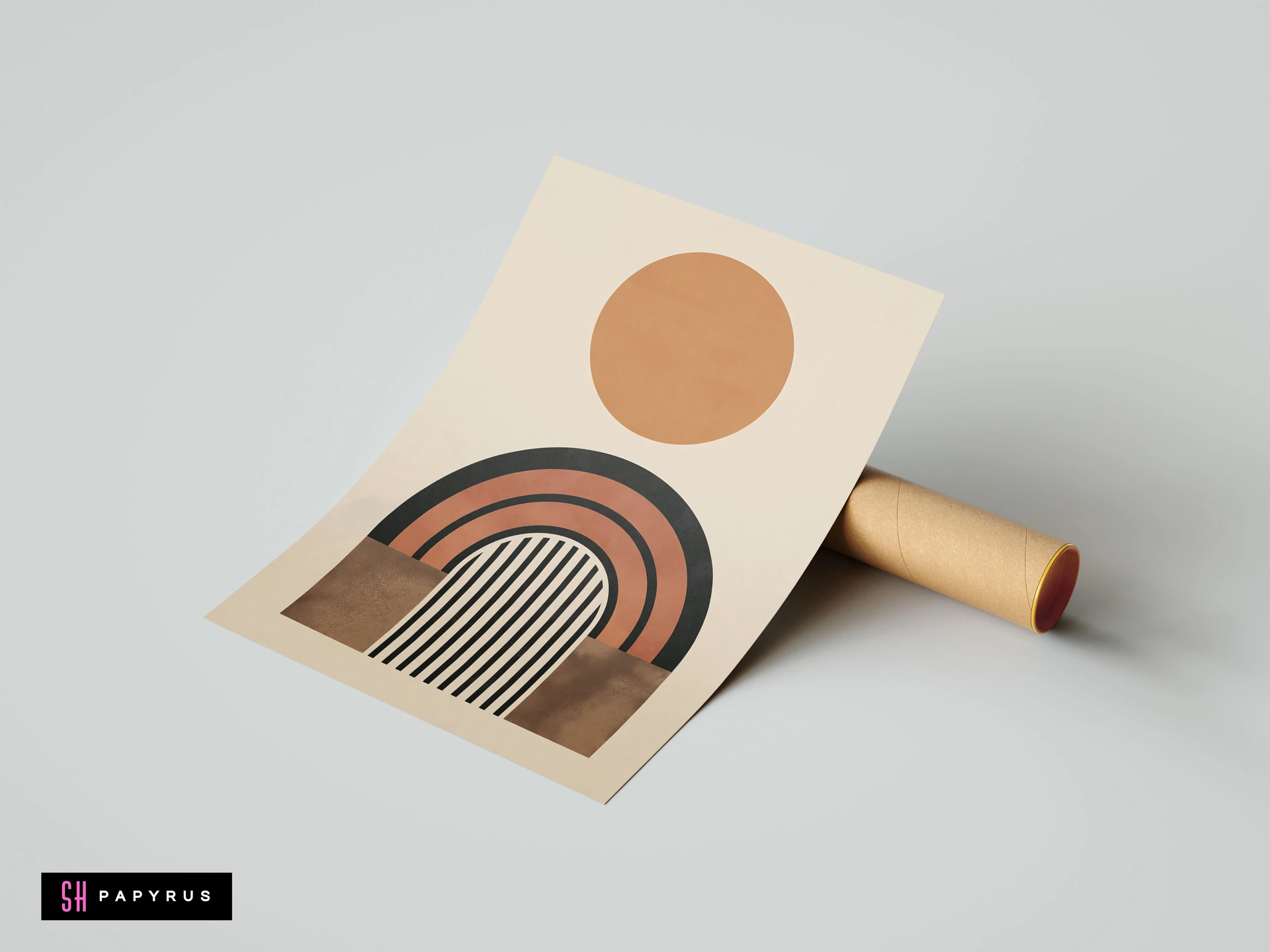 Abstract mid-century modern boho wall art featuring a terracotta sun and rainbow arches in earth tones, resting against a cardboard shipping tube.
