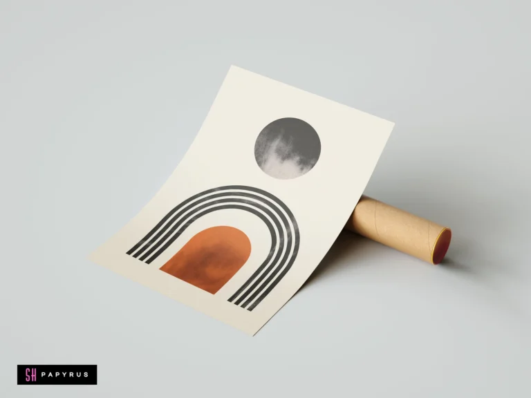 Mid-century modern art print with geometric terracotta arch, black concentric lines, and grey sun circle on cream paper, showcased next to a mailing tube.