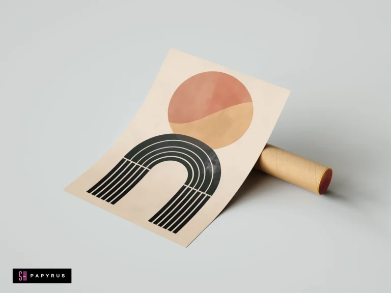 Minimalist boho wall art print featuring a terracotta and tan sun above a black striped arch on a cream background.