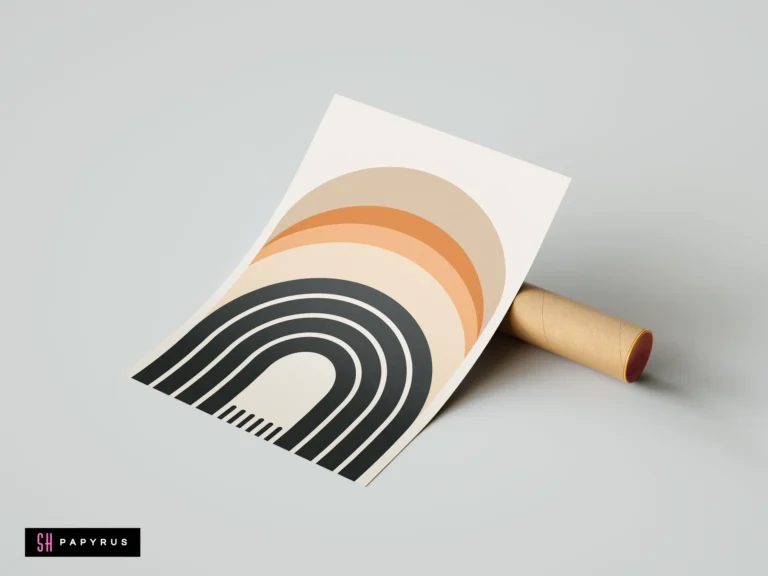 Minimalist boho abstract rainbow wall art featuring earthy terracotta, tan, and charcoal arches on a cream background, propped against a cardboard mailing tube.