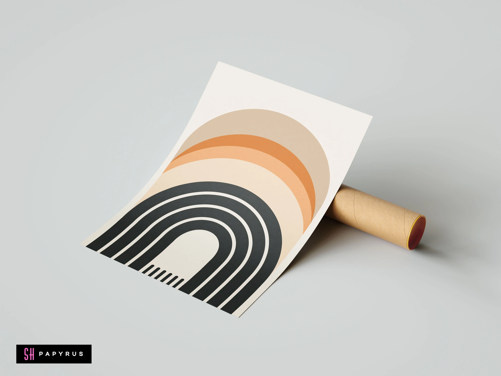 Minimalist boho abstract rainbow wall art featuring earthy terracotta, tan, and charcoal arches on a cream background, propped against a cardboard mailing tube.