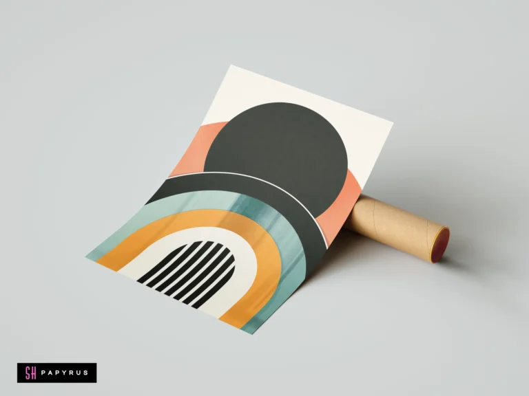 Abstract mid-century modern wall art print with a minimalist boho rainbow design in terracotta, mustard, teal, and black geometric shapes.