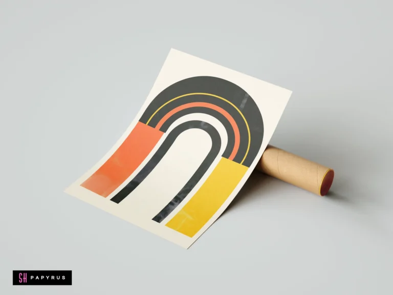 Retro minimalist wall art poster featuring a geometric arch design in orange, yellow, and black on a cream background, propped against a shipping tube.