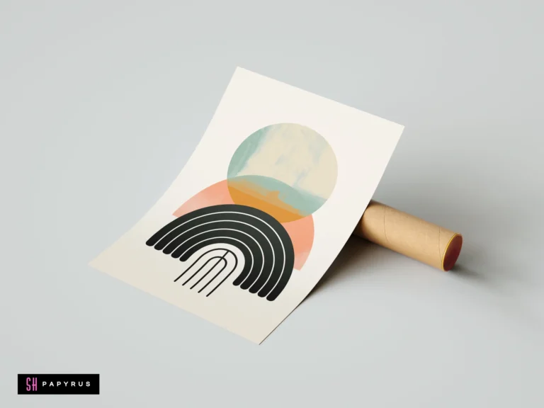 Boho minimalist wall art print with abstract geometric rainbow shapes in black, salmon, and blue on cream paper, resting against a cardboard shipping tube.
