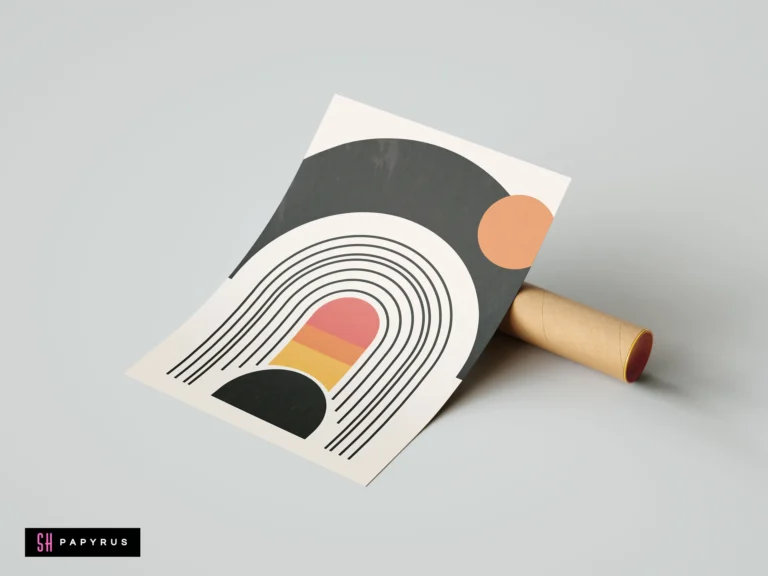 Minimalist boho abstract wall art print with geometric arches and circles in black, terracotta, and cream tones, resting on a shipping tube.