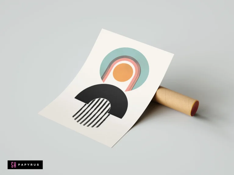 Abstract geometric wall art poster with mid-century modern shapes in teal, orange, and black, featuring arches and stripes on an off-white background.