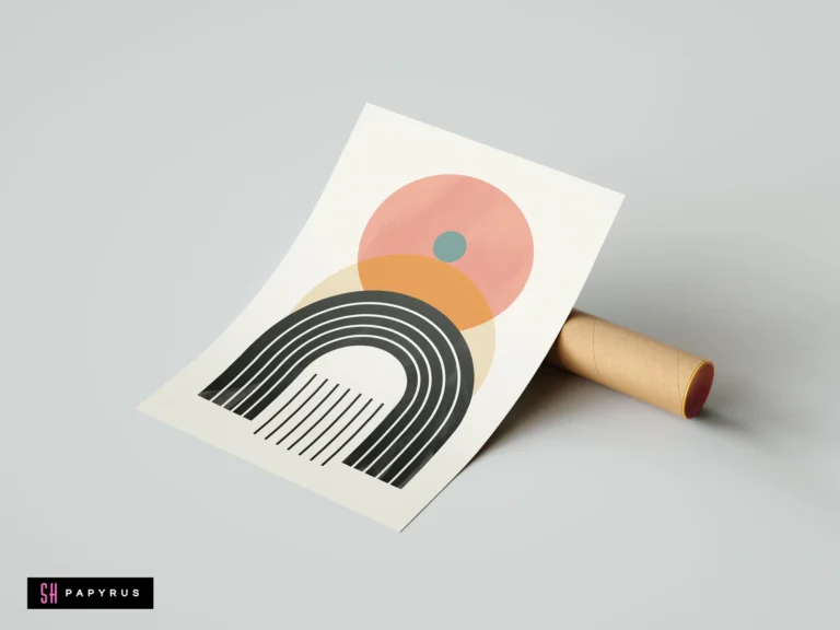 Mid-century modern abstract wall art print featuring terracotta, orange, and beige circles with black geometric arches in a minimalist boho style.