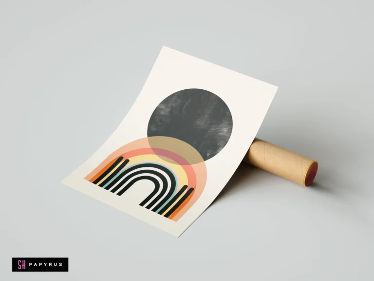 Modern abstract geometric wall art featuring a textured black sun and earthy-toned rainbow arches on a minimalist cream background.