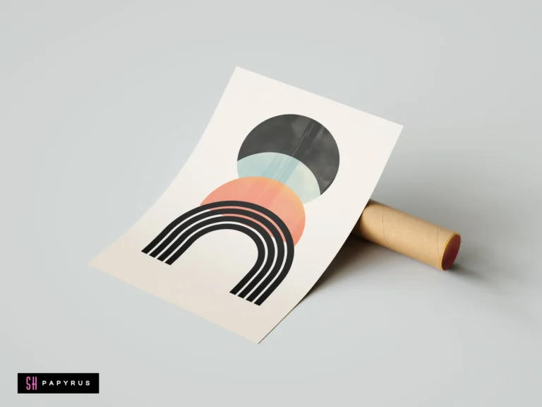 Modern abstract geometric wall art print featuring a black rainbow and minimalist circles in orange and blue on a neutral cream background.