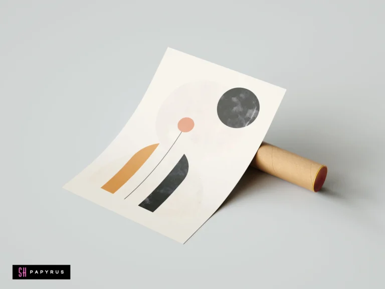 Minimalist mid-century modern geometric wall art print featuring abstract terracotta, mustard, and charcoal shapes on an off-white background.