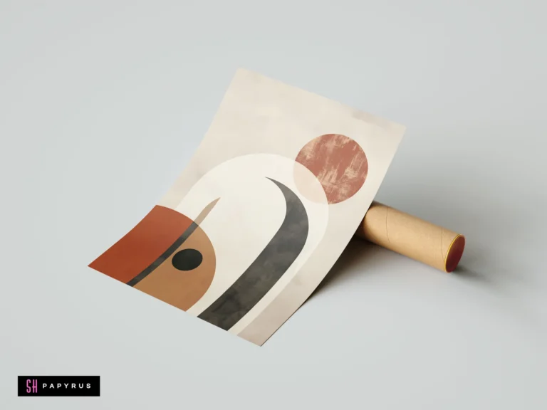 Modern boho geometric wall art print with terracotta abstract arches and circles in warm earth tones on a cream background.