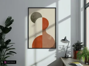 Minimalist geometric woman silhouette wall art with earthy terracotta and sage tones, framed on a sunlit wall in a modern room.