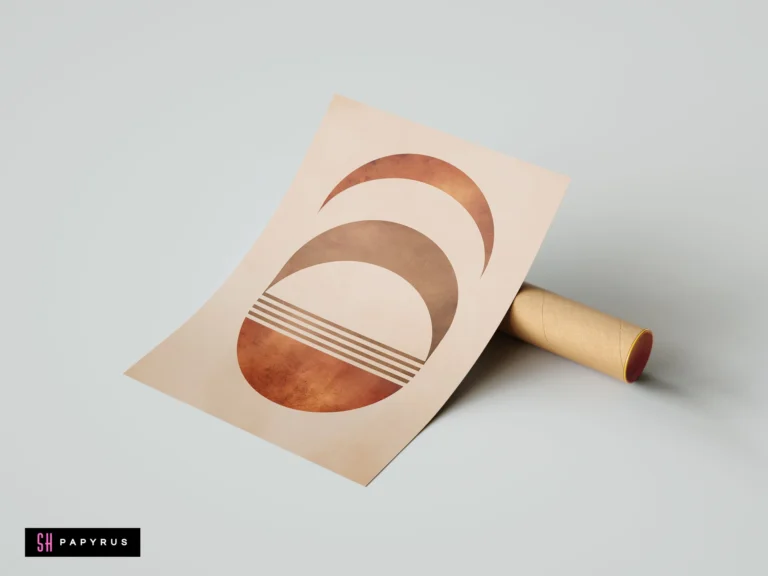 Minimalist mid-century modern wall art featuring terracotta moon phases and abstract geometric shapes in earthy burnt orange and brown tones on beige paper.