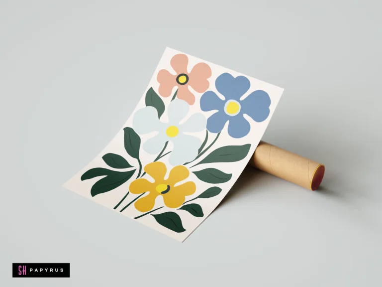Scandi boho floral art print featuring blue, yellow, and pink stylized botanical flowers.