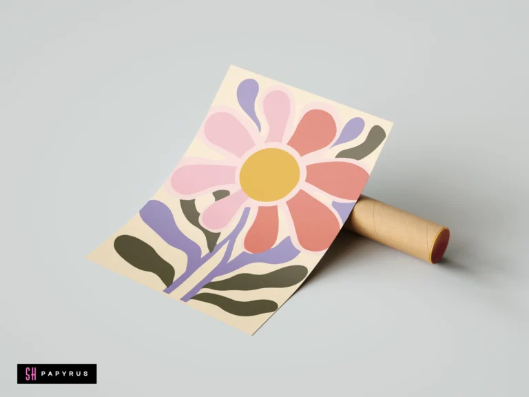 Abstract Danish pastel flower wall art print with pink, coral, and purple botanical shapes.