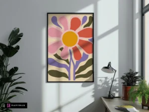 Abstract pink and red flower poster in Danish pastel style with purple and green foliage.