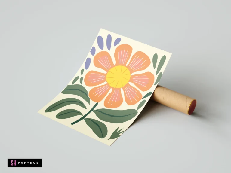 Retro orange daisy botanical print in mid-century modern style with green leaves.