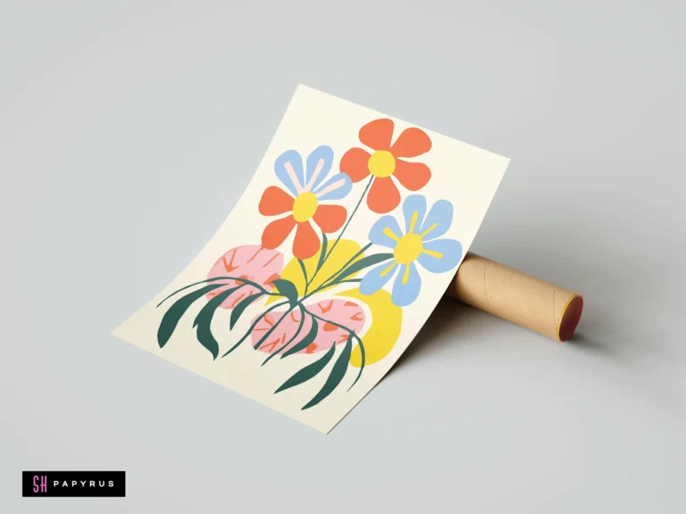Abstract retro flower bouquet print with vibrant orange, blue, and pink botanical illustrations.