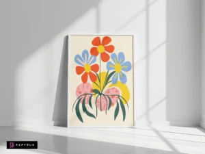 Abstract retro wall art print featuring a colorful bouquet of red, blue, and yellow flowers.