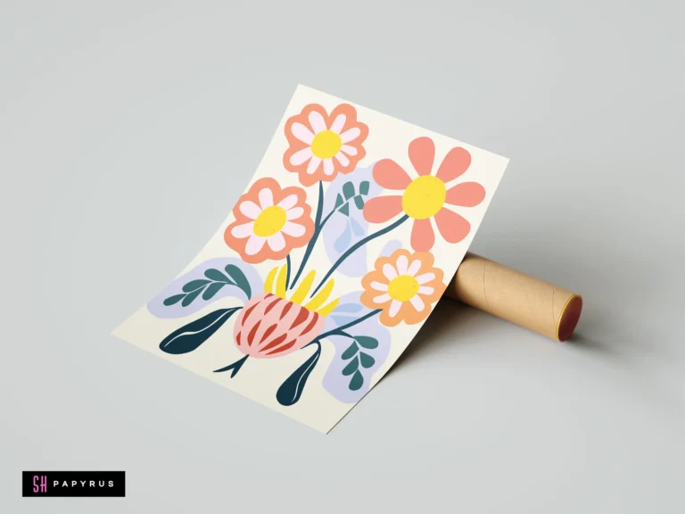 Modern abstract botanical art print featuring pastel pink and peach flowers in a vase.