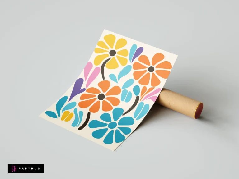 Retro 60s maximalist botanical print with vibrant orange, blue, and yellow flower power patterns.