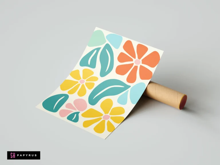 Matisse-style abstract botanical print featuring teal, orange, and yellow floral and leaf cut-outs.