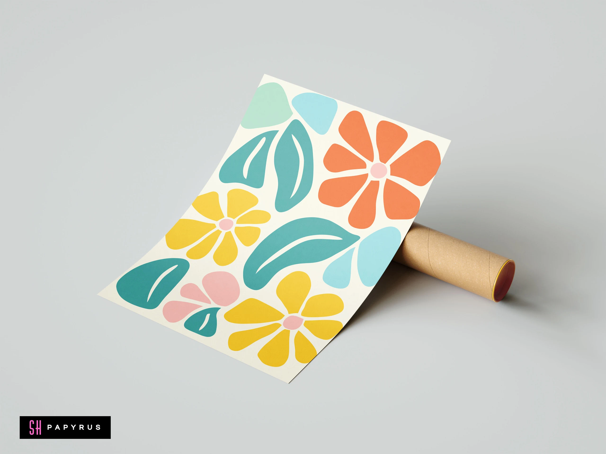 Matisse-style abstract botanical print featuring teal, orange, and yellow floral and leaf cut-outs.