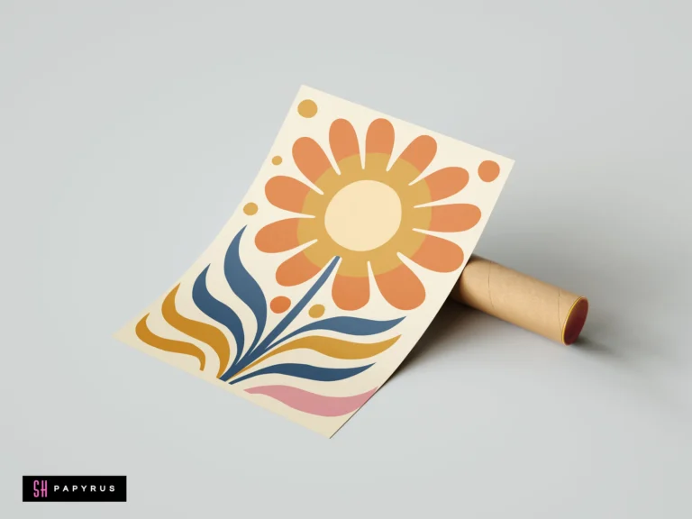 Retro 70s sunshine flower art print with terracotta and navy mid-century botanical details.