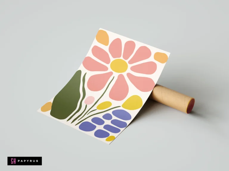 Abstract pink daisy botanical poster with contemporary geometric shapes and muted boho colors.