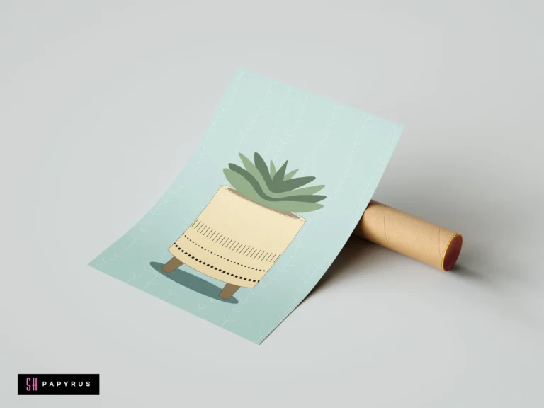 Minimalist green succulent in a patterned cream pot on a light blue boho art print.