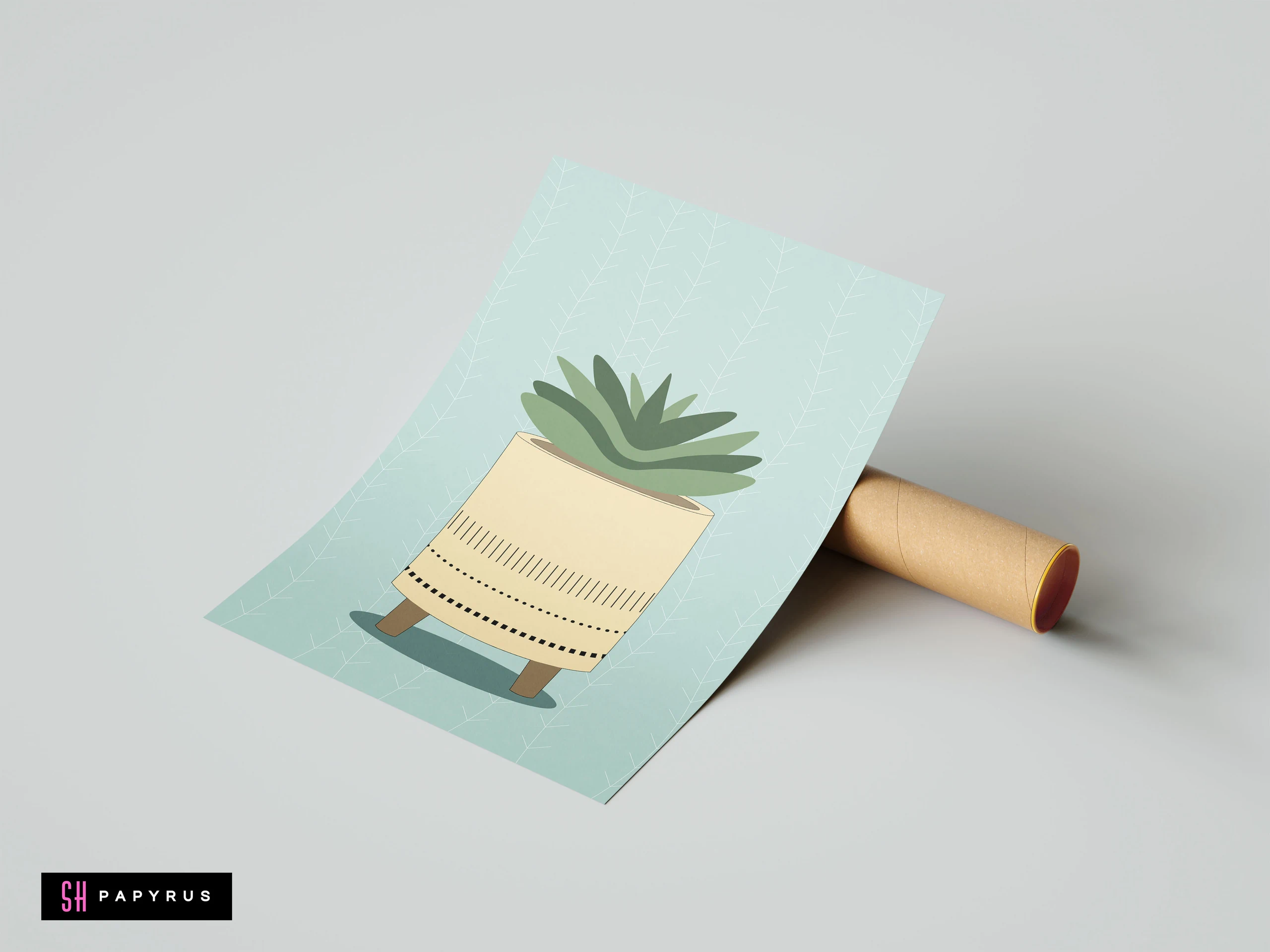 Minimalist green succulent in a patterned cream pot on a light blue boho art print.