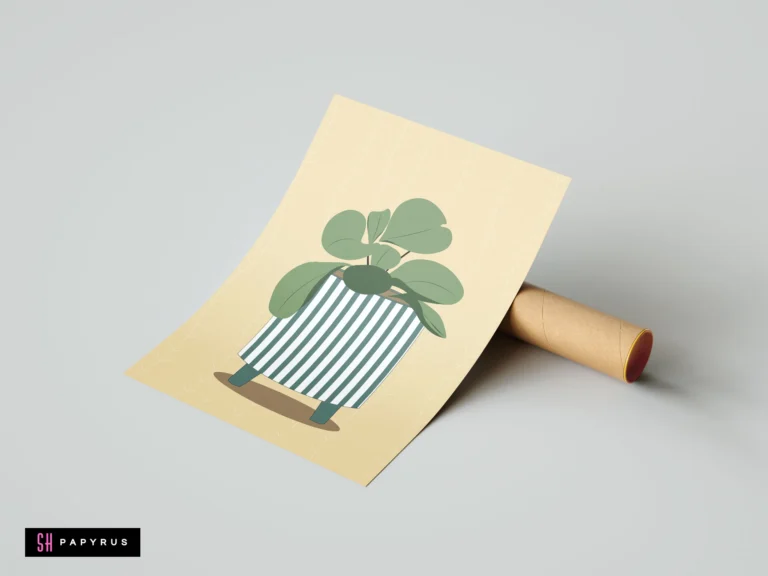 Minimalist ficus plant art print featuring blue striped pot on pale yellow patterned background.