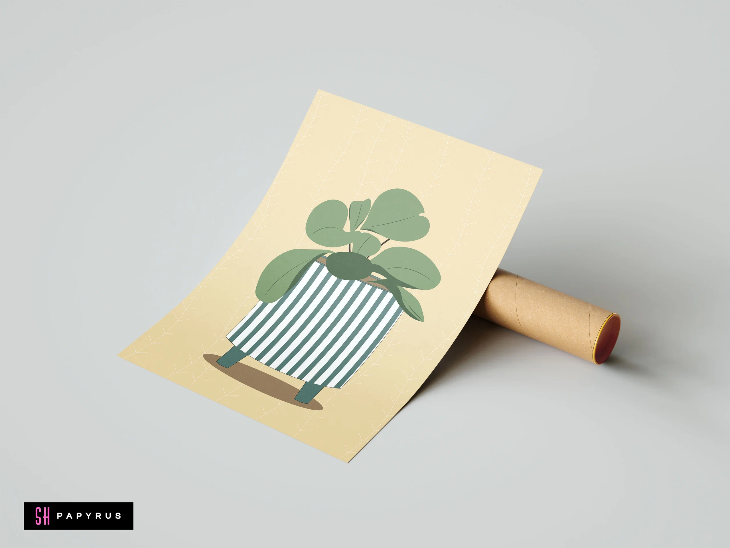 Minimalist ficus plant art print featuring blue striped pot on pale yellow patterned background.