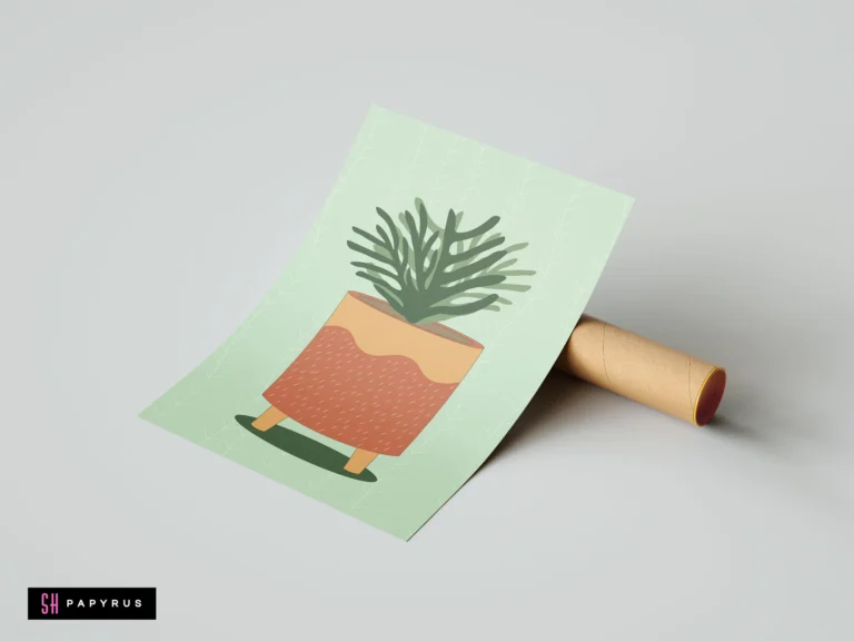 Boho botanical art print featuring a green succulent in a terracotta pot on sage background.