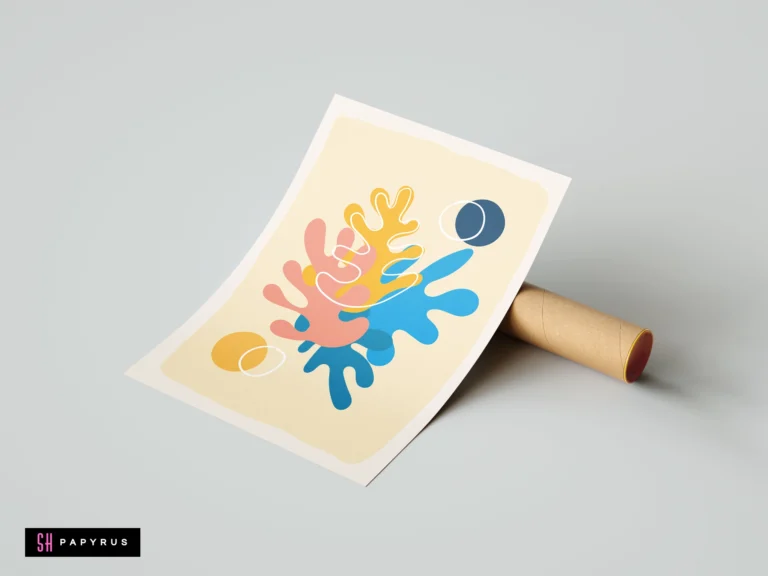 Matisse-inspired abstract botanical art print with coral, yellow, and blue organic shapes.