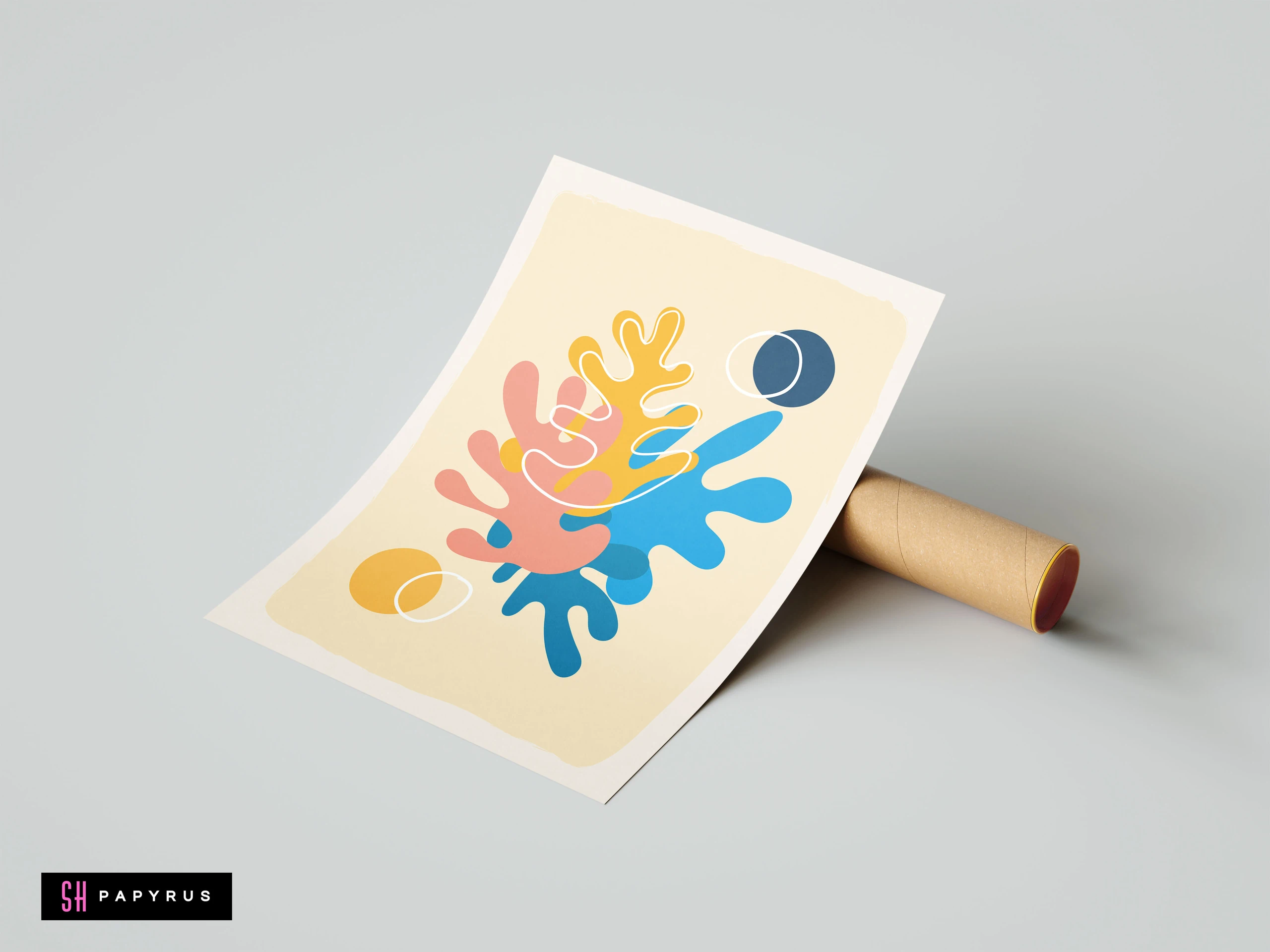Matisse-inspired abstract botanical art print with coral, yellow, and blue organic shapes.