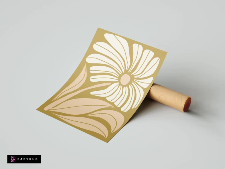 Abstract white flower and peach leaves on an ochre gold background, minimalist botanical art print.