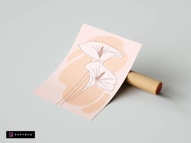 Minimalist botanical calla lily line art print featuring peach abstract shapes.