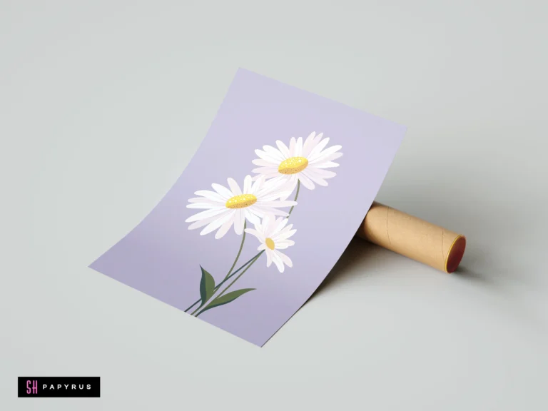 Minimalist botanical illustration of three white daisies on a soft lavender background print.