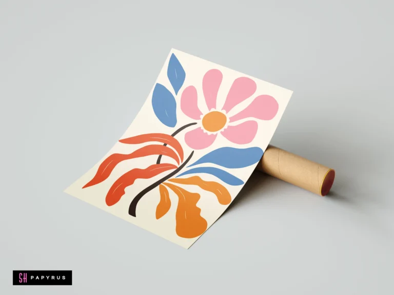 Abstract pink flower art print with colorful boho botanical leaves in a minimalist style.