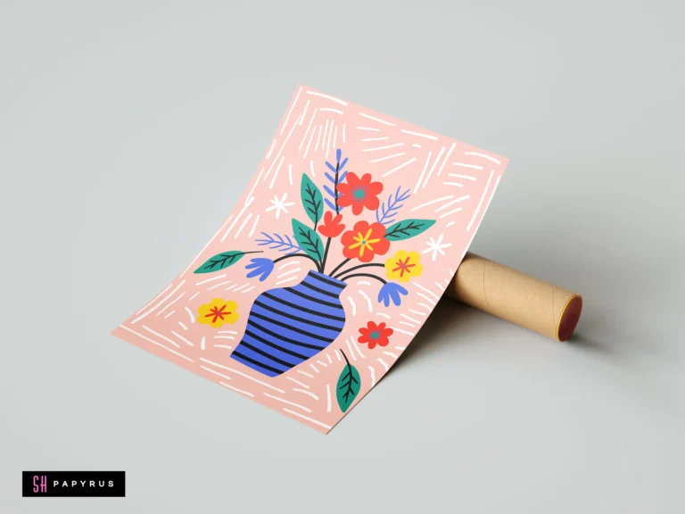 Whimsical art print of red flowers in a blue striped vase on pink background.