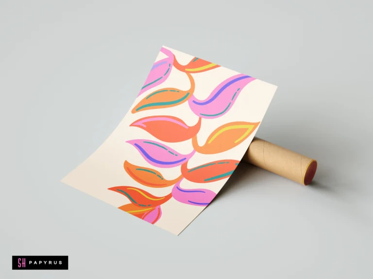 Abstract tropical boho leaf art print with vibrant pink, orange, and teal botanical patterns.