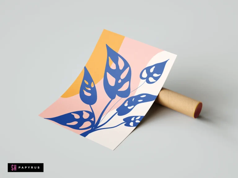 Abstract blue monstera leaves art print with peach and yellow botanical shapes.