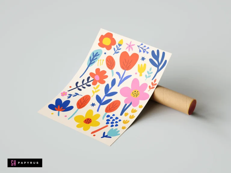 Vibrant Scandi folk art botanical print featuring colorful hand-drawn flowers and leaves.
