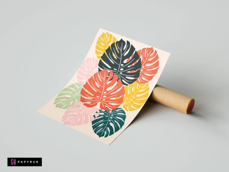 Tropical pop art poster with colorful Monstera leaves in a vibrant flat illustration style.