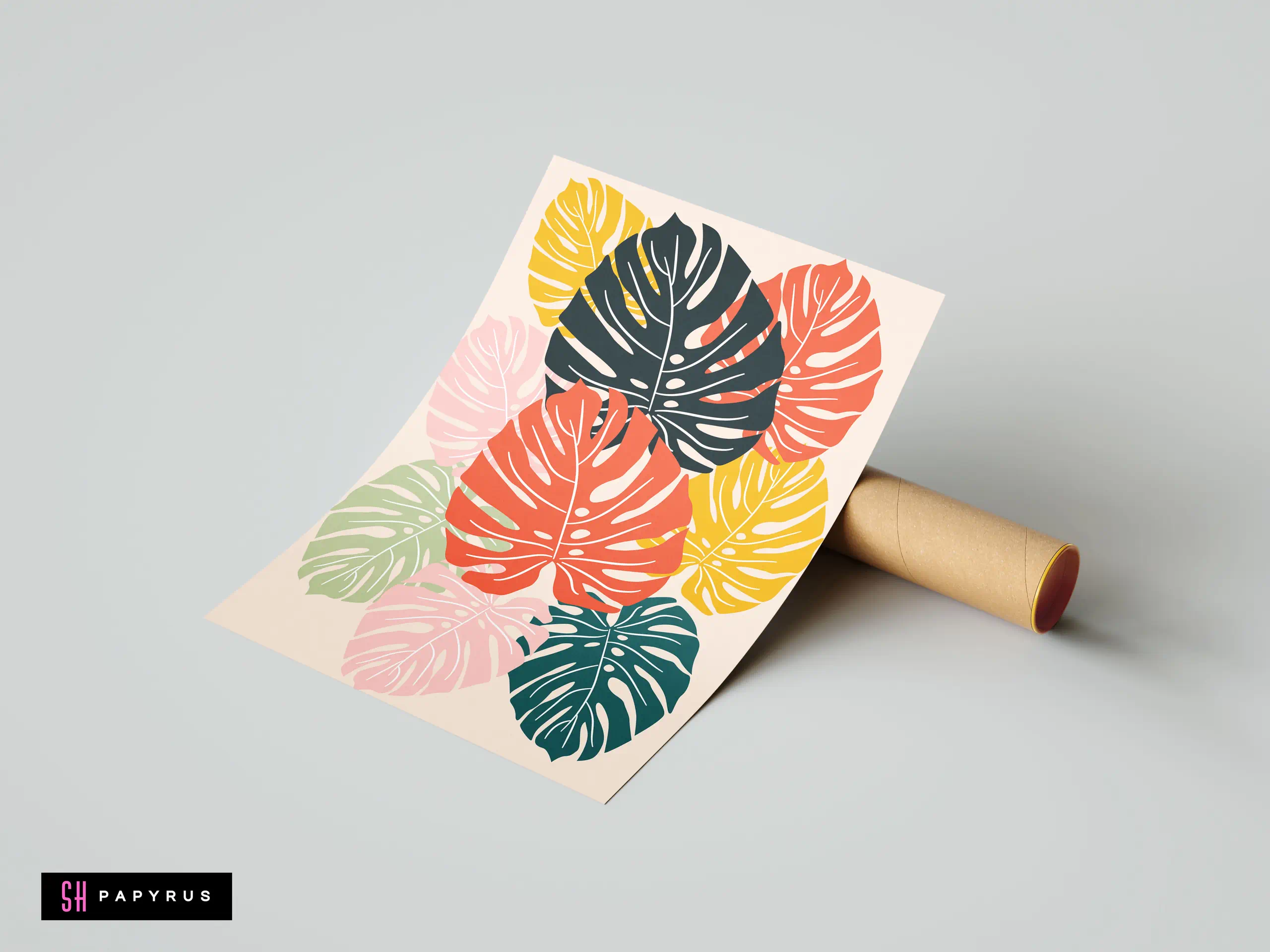 Tropical pop art poster with colorful Monstera leaves in a vibrant flat illustration style.