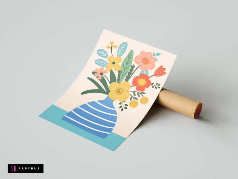 Flat-style botanical print with colorful pink and yellow flowers in a blue striped vase.