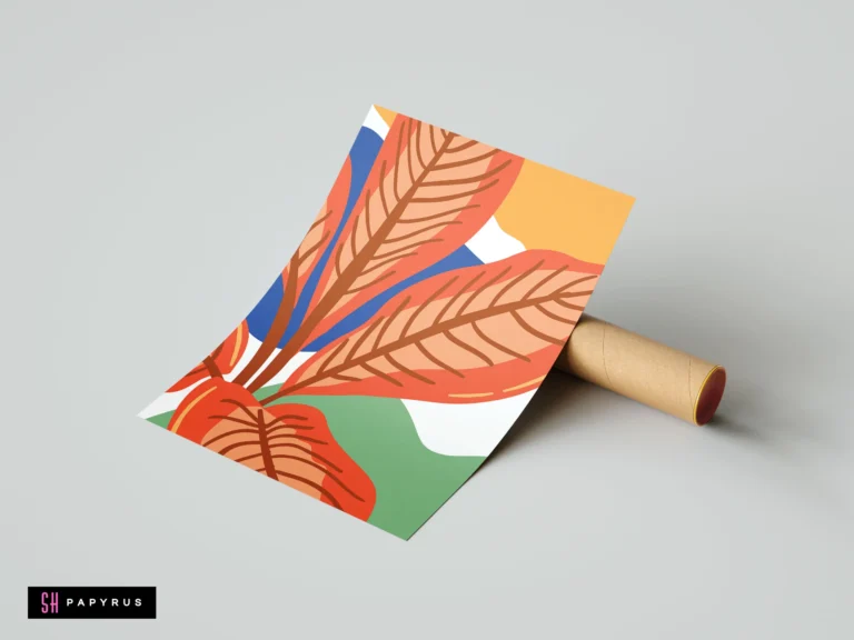 Abstract botanical print with terracotta orange leaves and vibrant color block background.