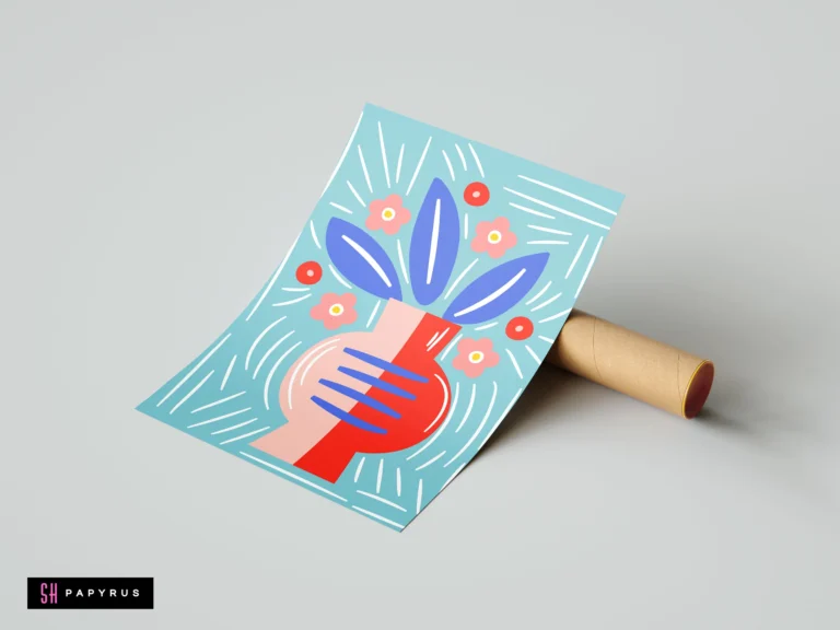 Abstract geometric botanical print with pink flowers and blue leaves on a light blue background